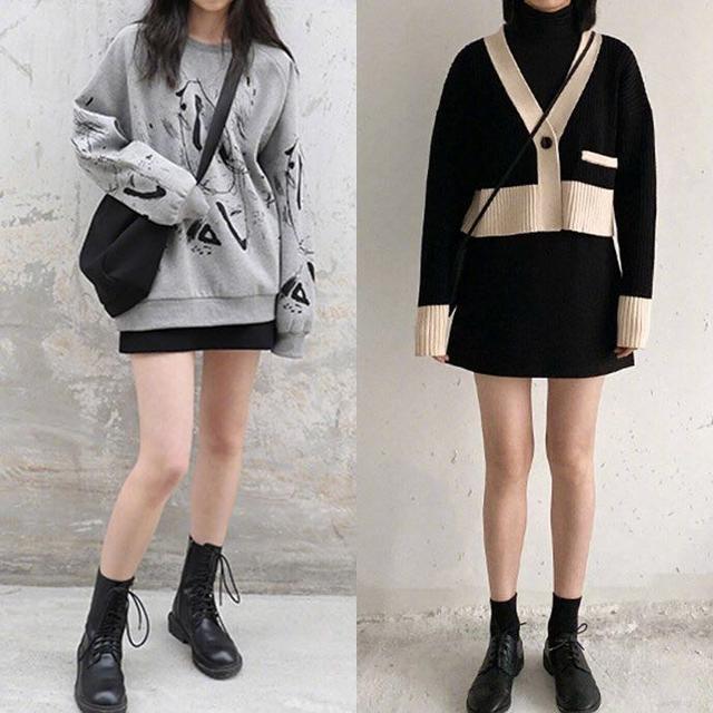 灰色涂鴉衛衣 半身裙 馬丁靴