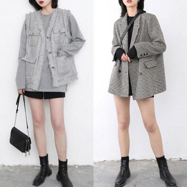 灰色衛衣 灰色馬甲 半身裙 高筒靴子